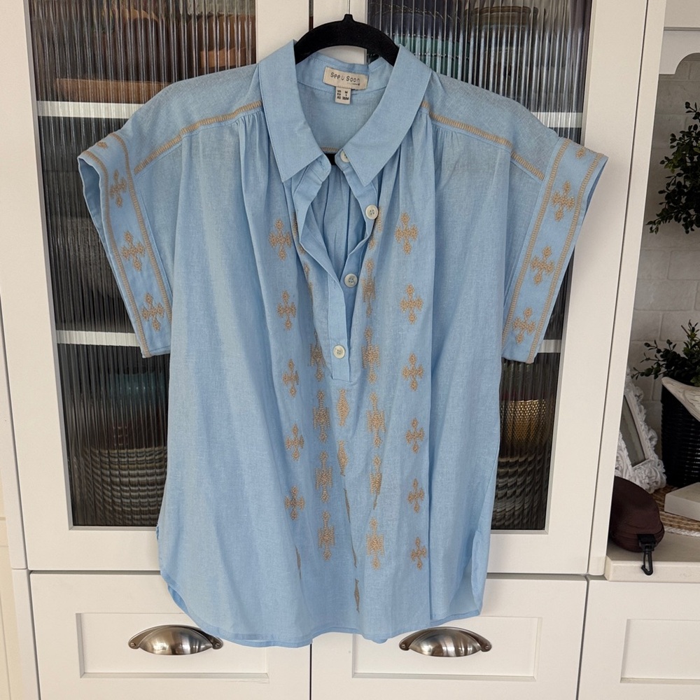 See U Soon, blue embroidered linen top